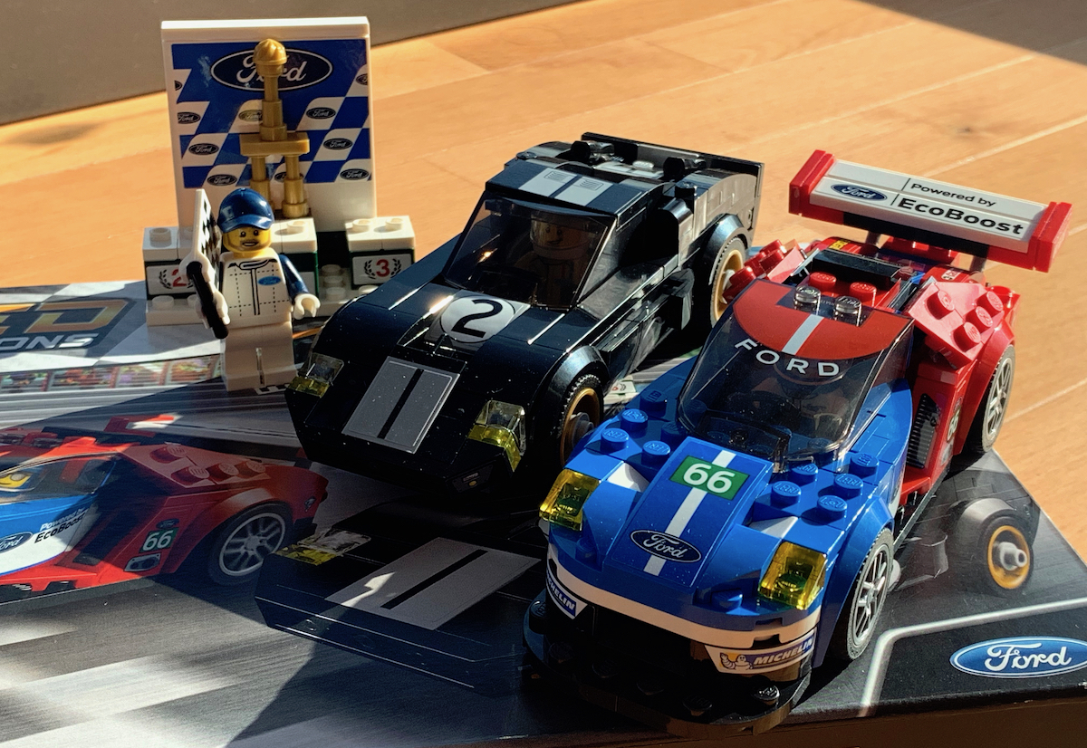 The two Ford GT and Ford GT40 car models, along with podium, trophy and support crew member. This is a great set for display, and build - well recommended.