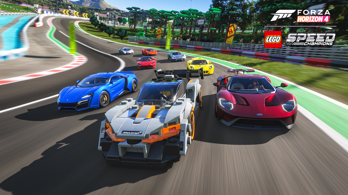 Speed Champions McLaren Senna leads the pack of Forza Horizon 4 hyper-cars through a LEGO world