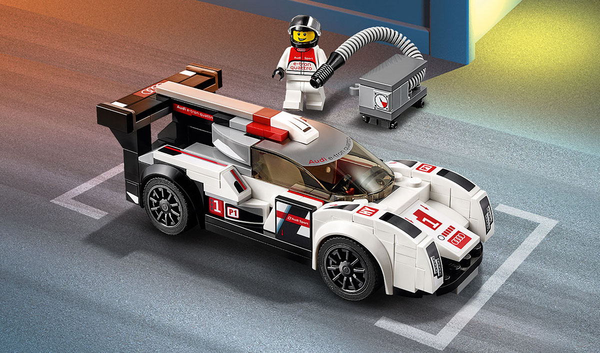 The Audi R18 e-tron quattro (Set 75872) in action. A lot of the same blocky styling cues are here as in the early Porsche 919 Hybrid set. Image © LEGO Group.
