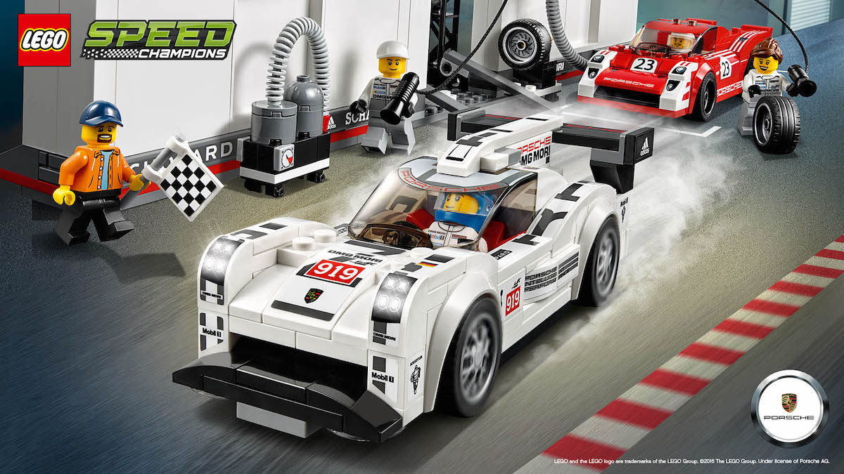 The original release of the Porsche 919 Hybrid, with its noticeably higher front end and plain Porsche Intelligent Peformance livery. Image © LEGO Group
