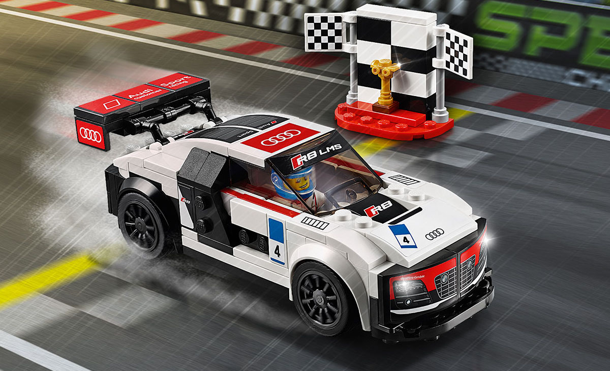 The Audi R8 LMS Set 75873. True to form, LEGO have even included some fake rain in this shot - it always rains at Le Mans. Image © LEGO Group