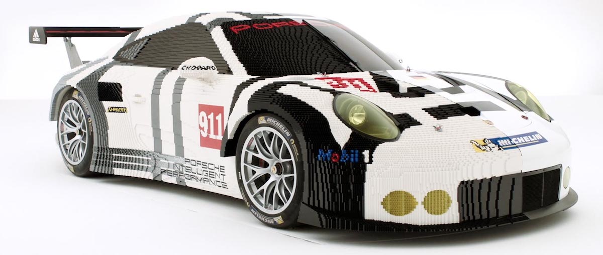 The 2016 Porsche 911 RSR (991.1) real life and half-LEGO model. Image © Porsche AG