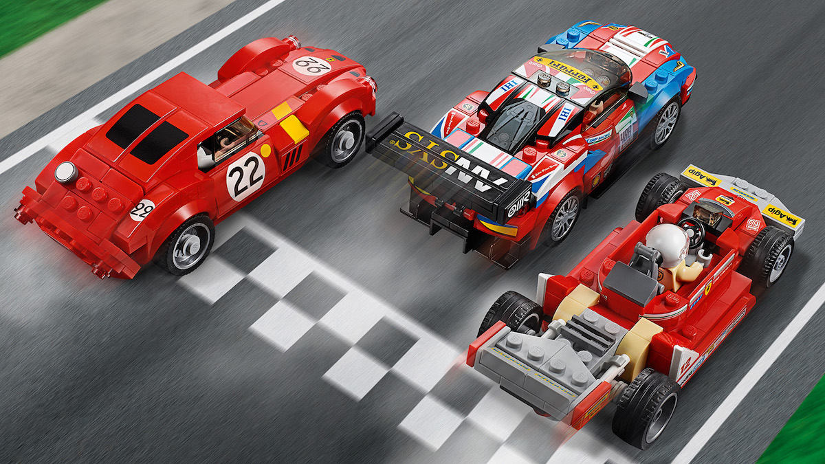 The Ferrari Ultimate Garage, Left to right, the Ferrari 250 GTO, Ferrari 488 GTE and historic Ferrari 312 T4.