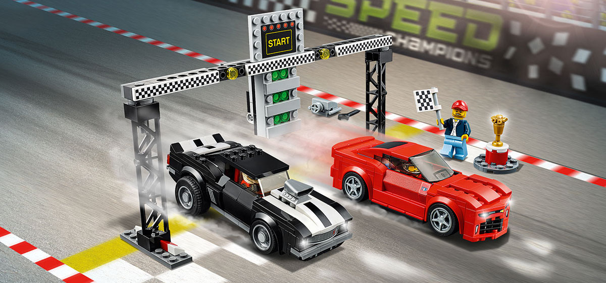 The Speed Champions 2016 Chevrolet Camaro and 1969 Chevrolet Camaro Z/28, set 75874. Tyre smoke clearly an optional extra with this set… Image © LEGO Group.
