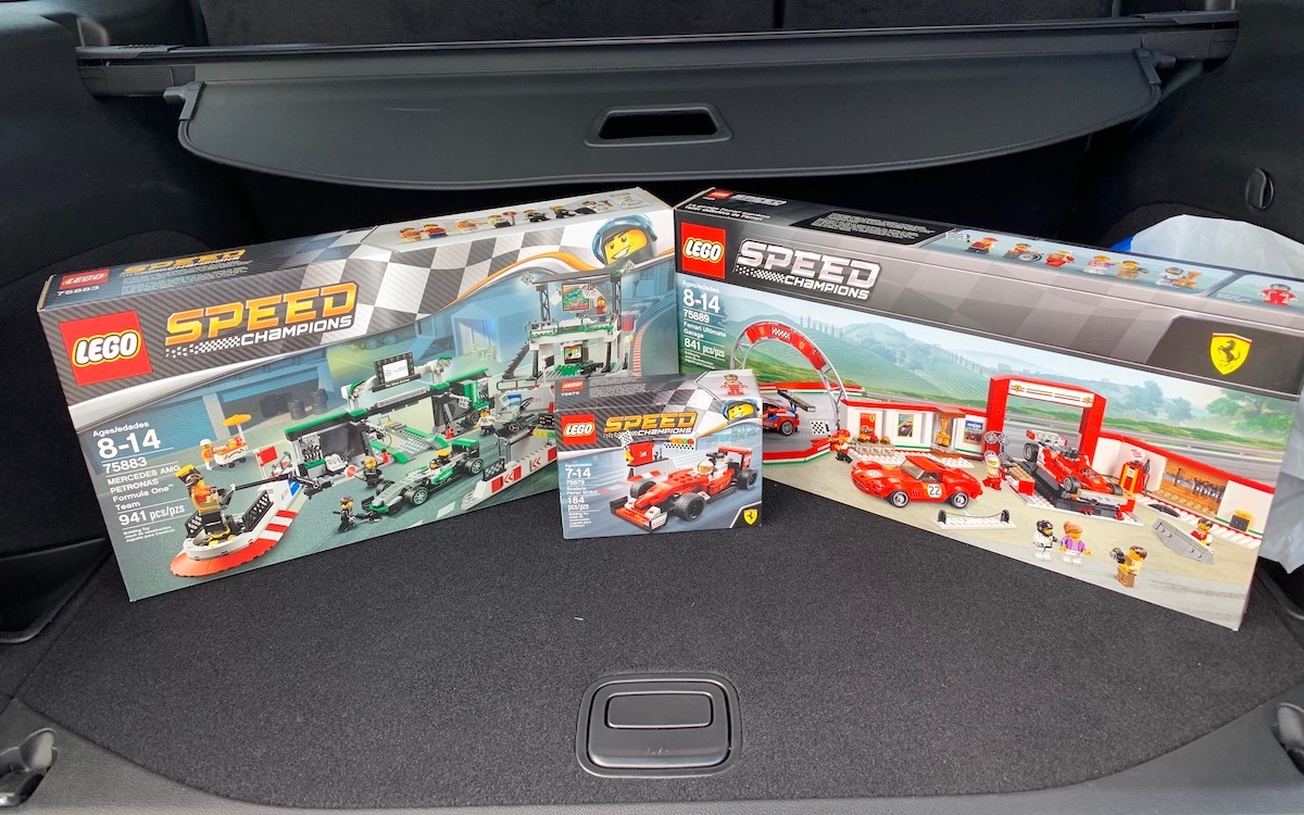 Our haul, the Mercedes AMG Petronas Formula One™ Team (Set 75883),  the Ferrari Ultimate Garage (Set 75889) and the Ferrari SF16-H Formula One Car (Set 75879)