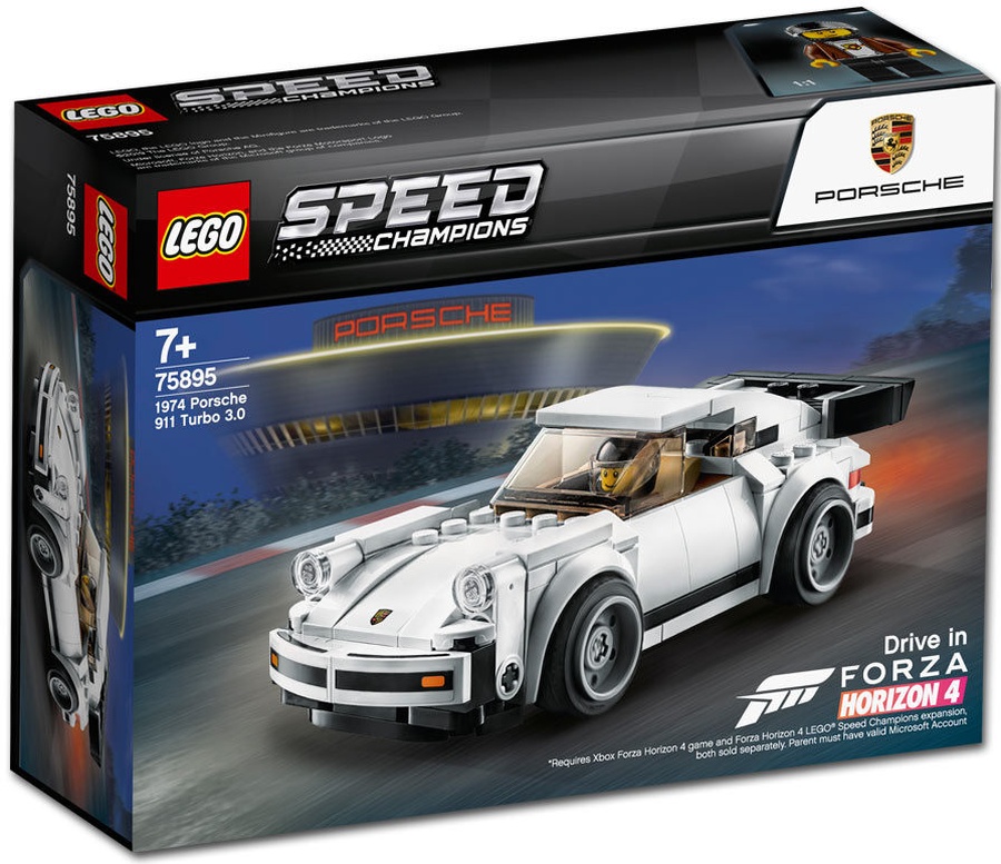 The box for LEGO Speed Champions Set 75895, 1974 Porsche 911 Turbo featuring the 'diamond' at Porsche's Leipzig plant in the background.
