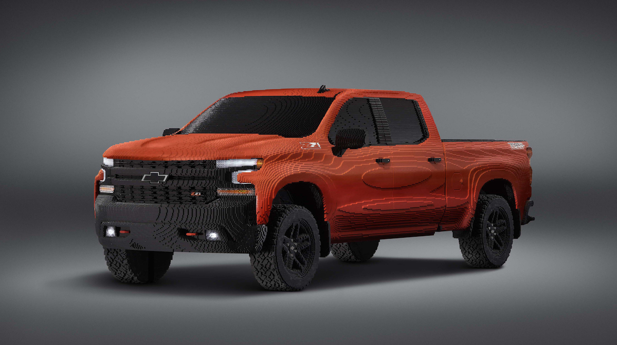 The 2019 Chevrolet Silverado 1500 LT Trail Boss full-size LEGO replica, made of 334,544 bricks.