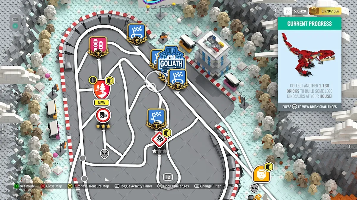 The pit stop is located at the top of the map, as part of the Falcon Indy Circuit in LEGO Valley.