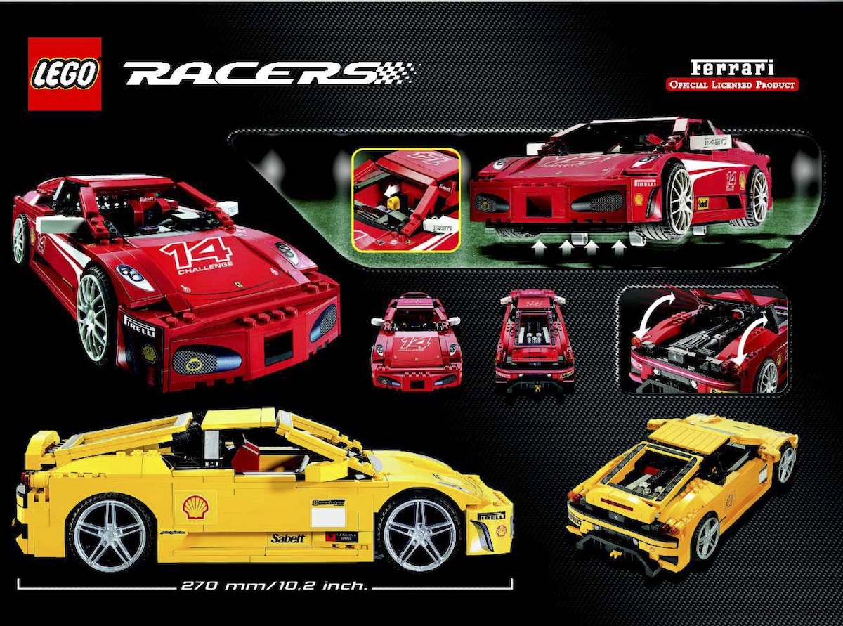 The LEGO Racers Ferrari F430 Challenge Set - Love how this one includes a second, yellow, bodyshell (pictured in the lower images). You can finally have a LEGO Ferrari that isn't red. Image © LEGO