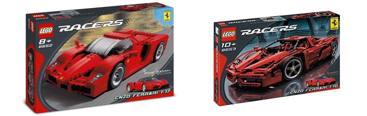 This (artificial) side by side of the Enzo Ferrari sets 8652 (1:17 scale) and 8653 (1:10 scale) really shows how LEGO Racers was the dominant branding, whether the set was primarily LEGO bricks or what we'd expect to see sold today as a Technic set. Also note how the scale of the model is prominent on the box alongside the set name.