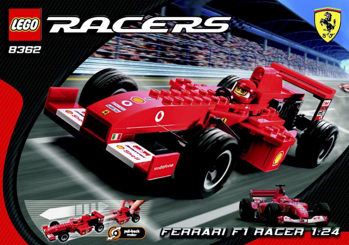 The LEGO Racers Ferrari F1 Racer (set 8362) clearly shows off its pull back motor right on the front of the box. Image © LEGO.