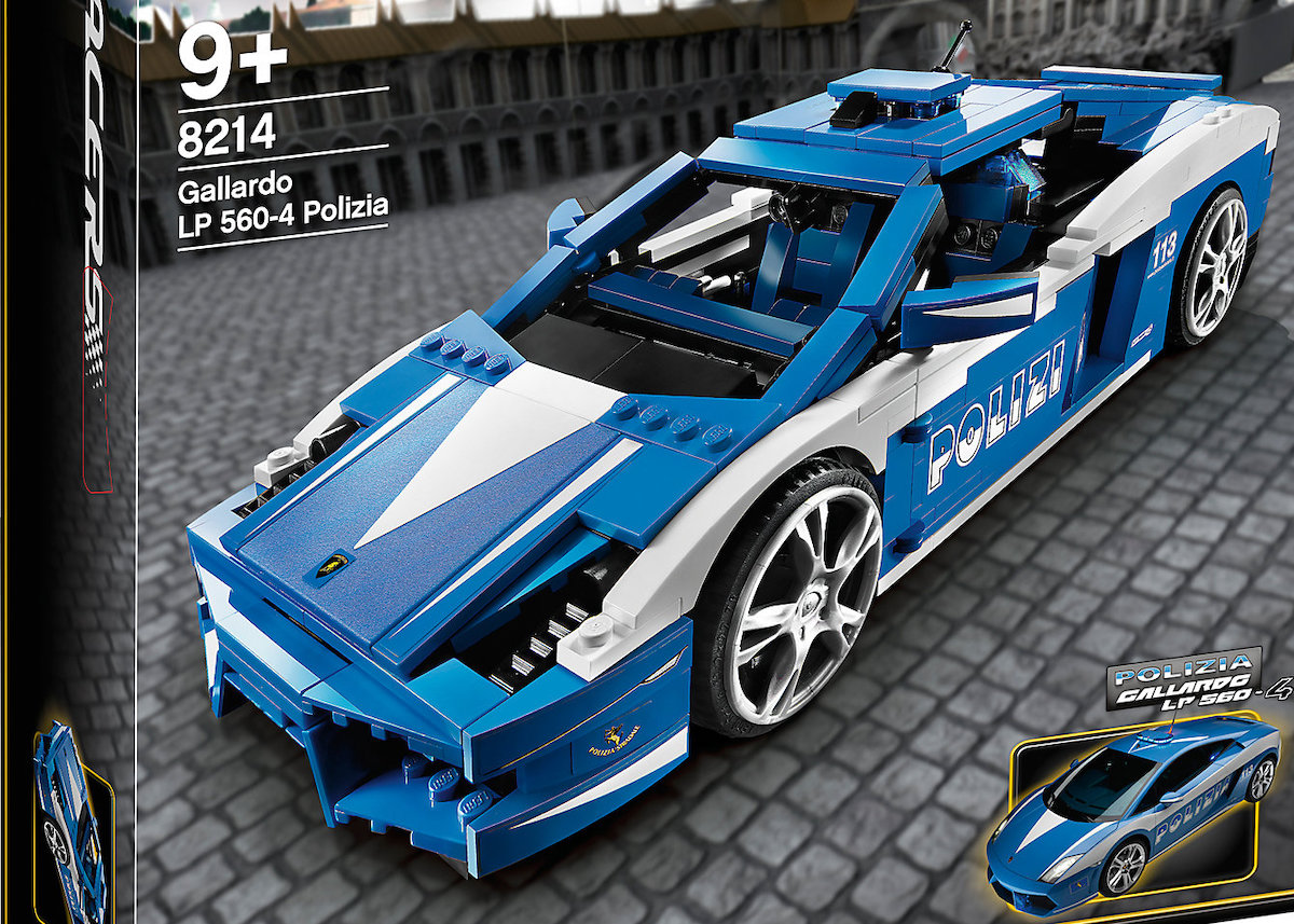 The LEGO Racers Gallardo LP 560-4 Polizia, set 8214. This set is relatively rare online given how cool it looks. I'd take this over the yellow convertible Gallardo LP 560-4 set any day.