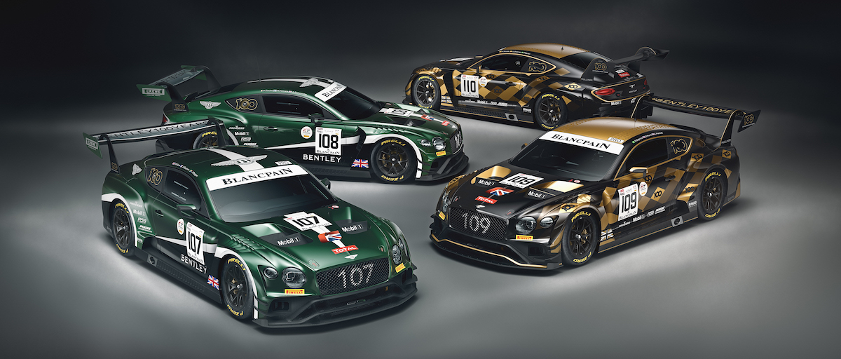The Bentley Continental GT3 in centenary livery as run at the 2019 Total 24 Hours of Spa. Fielding four cars in custom liveries, Bentley are pushing to make an impact in the race this year.