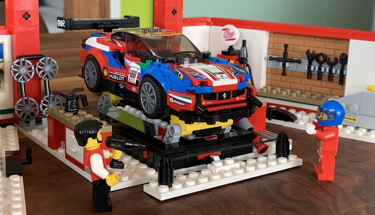 The LEGO Speed Champions Ferrari 488 GTE, part of the Ferrari Ultimate Garage set. Seen here where it's real life time won't want to see it spending time during the race - in the garage!