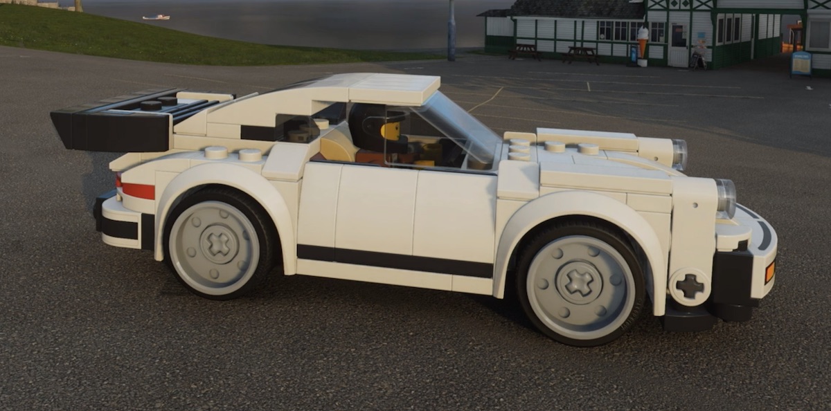 A side profile view showing the detailing on the side of the model. Playground Games are especially proud of the serial numbers inside the headlights - it's impressive that they've carried over all the LEGO part details into the in-game cars.
