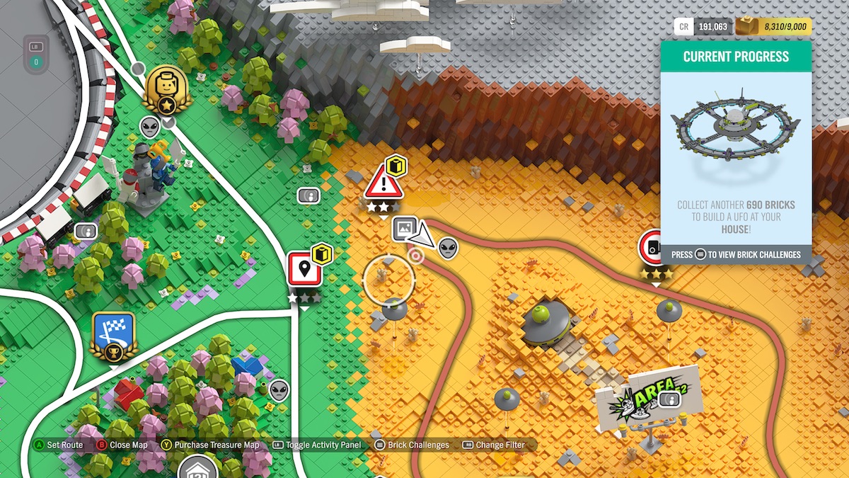The Forza Horizon 4 in-game map showing the location of the UFO Crash Site in the LEGO Speed Champions expansion. You can actually see what the UFO looks like fully assembled at the top right.