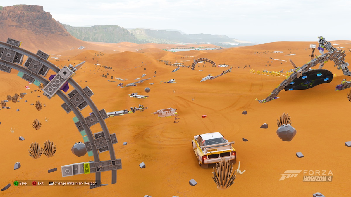 In game at the UFO Crash site, pieces strewn across the Area 7052 desert, here in the Audi Quattro to complete the Unidentified Speeding Object challenge, reaching the Lighthouse in 1 min 50 seconds.