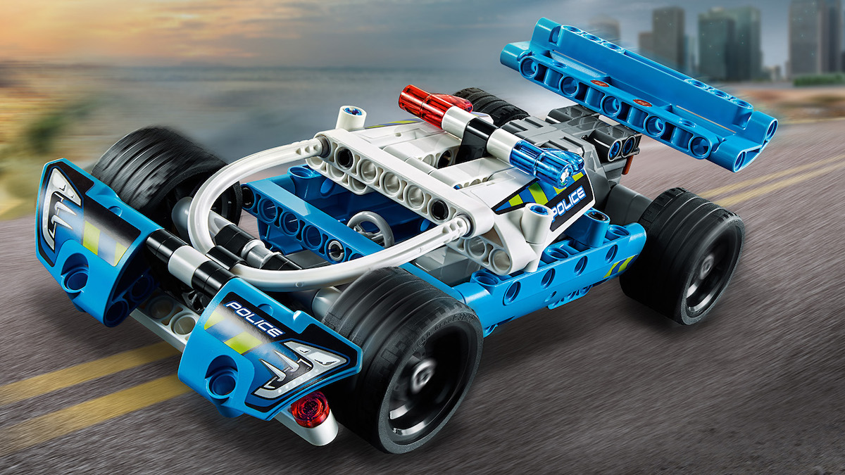 The LEGO Technic Police Pursuit 42091 is typical of the pull-back LEGO Technic sets that tend to stick around in the line for a while. The two sets planned for 2020 are most likely replacing the WHACK! and Bash! sets. Image © LEGO Group.