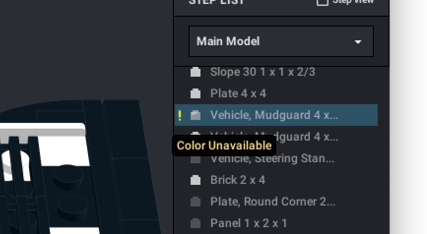 BrickLink Studio showing an exclamation point to let you know the piece and colour selection isn't actually available in real life. You can also set Studio to only allow choosing colours that exist, which typically stops this happening.