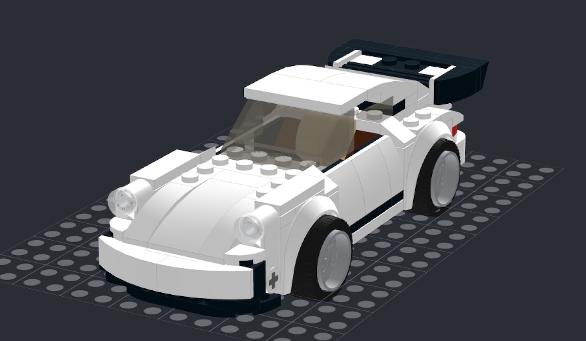 A virtual 3D view of the '74 Porsche 911 Turbo set 75895 in white in BrickLink Studio - the starting point for mods and customizations, and really not all that hard to build.