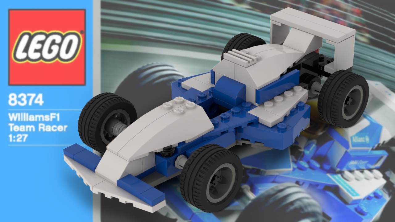 The Williams F1 Team Racer 1:27 8374 isn't a particularly interesting set, at only 98 pieces. Rendered here without any stickers. The shape isn't bad, but the wheels are a bit chunky.