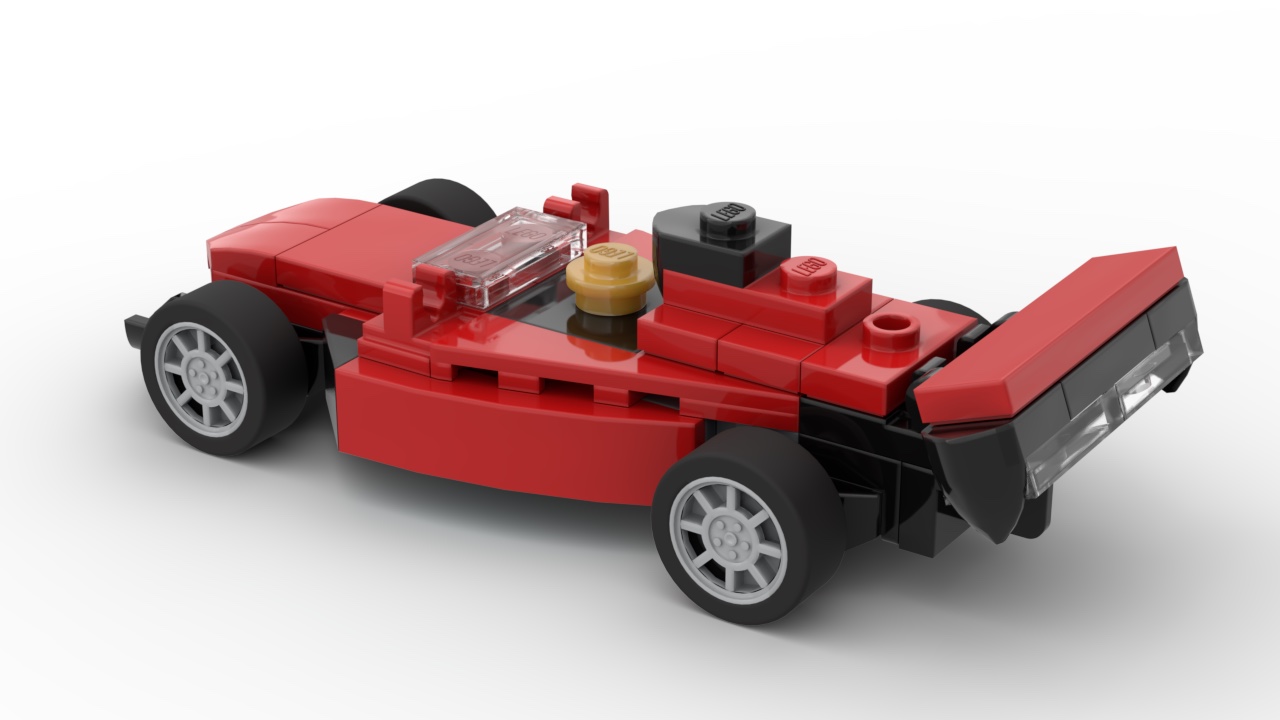 The back of the LEGO Racecar 40328 in its original colour scheme. The transparent bricks below the rear wing add some complexity without making the rear wing look too thick. There's also a small diffuser tucked away under there.
