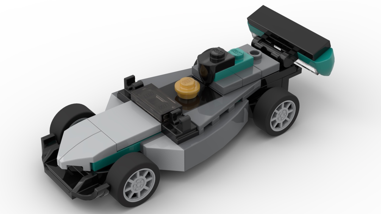 The LEGO Racecar 40328 MOC for Mercedes-AMG F1. There's lots of choice of light and dark grey components to swap onto the model and the turquoise caps are spot on for the Petronas branding - unlike the green used on some first-party Mercedes-AMG F1 LEGO models!
