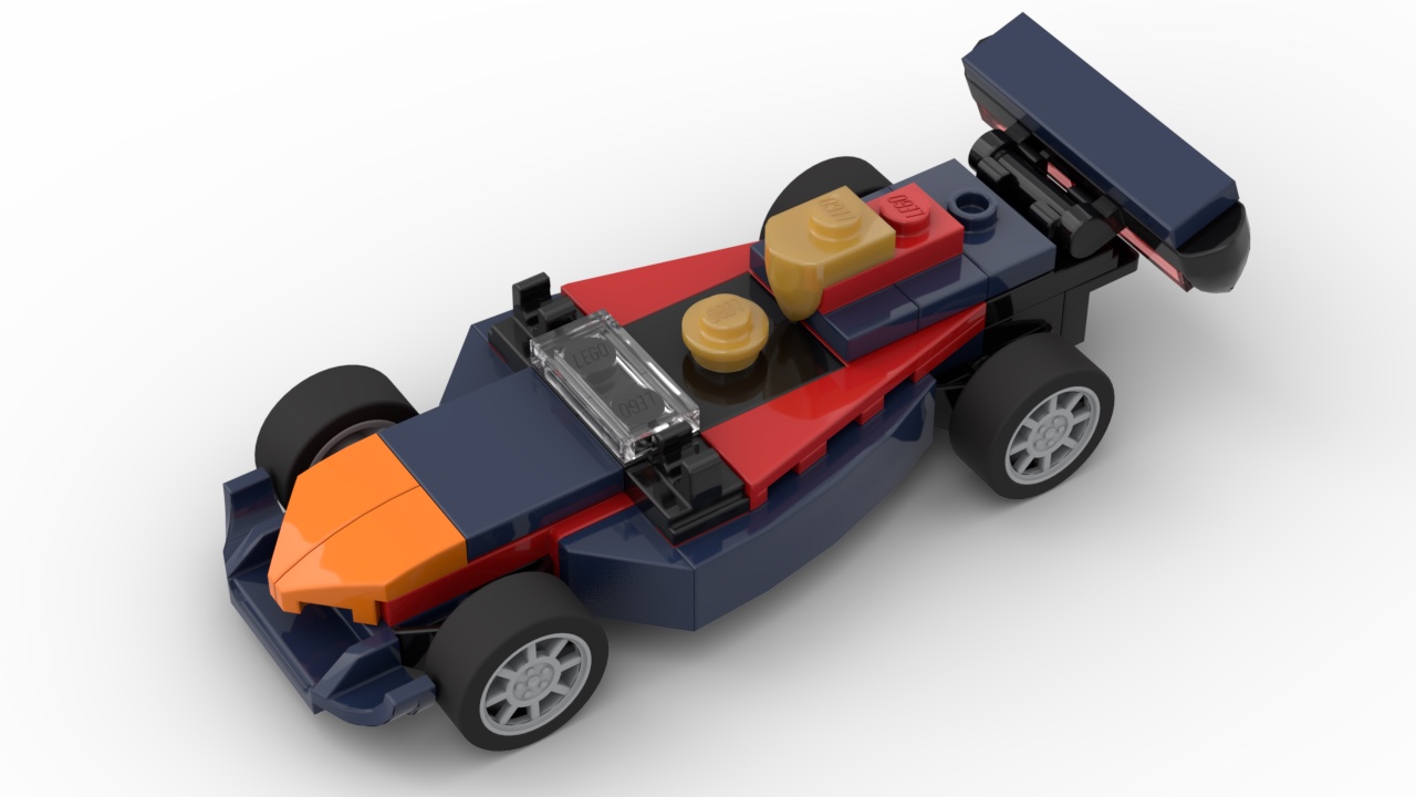 The LEGO Racecar 40328 as a MOC in a Red Bull livery. Luckily LEGO Dark Blue looks about right for this scheme and there are enough smaller red elements to get the look right.