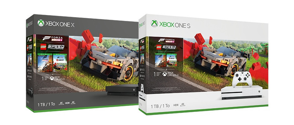 The Xbox One X and Xbox One S LEGO Speed Champions Bundles, available this holiday season with the LEGO Speed Champions McLaren Senna featured on the box.