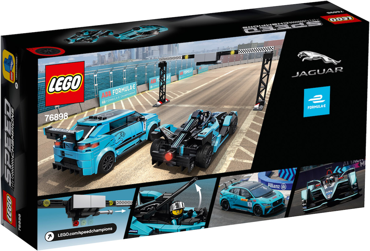 The rear of the box for set 76898 with the Jaguar I-TYPE and I-PACE. The prominent Formula E branding continues. The included start light gantry and its mechanism is visible, along with the I-TYPE's movable HALO around the driver minifig.