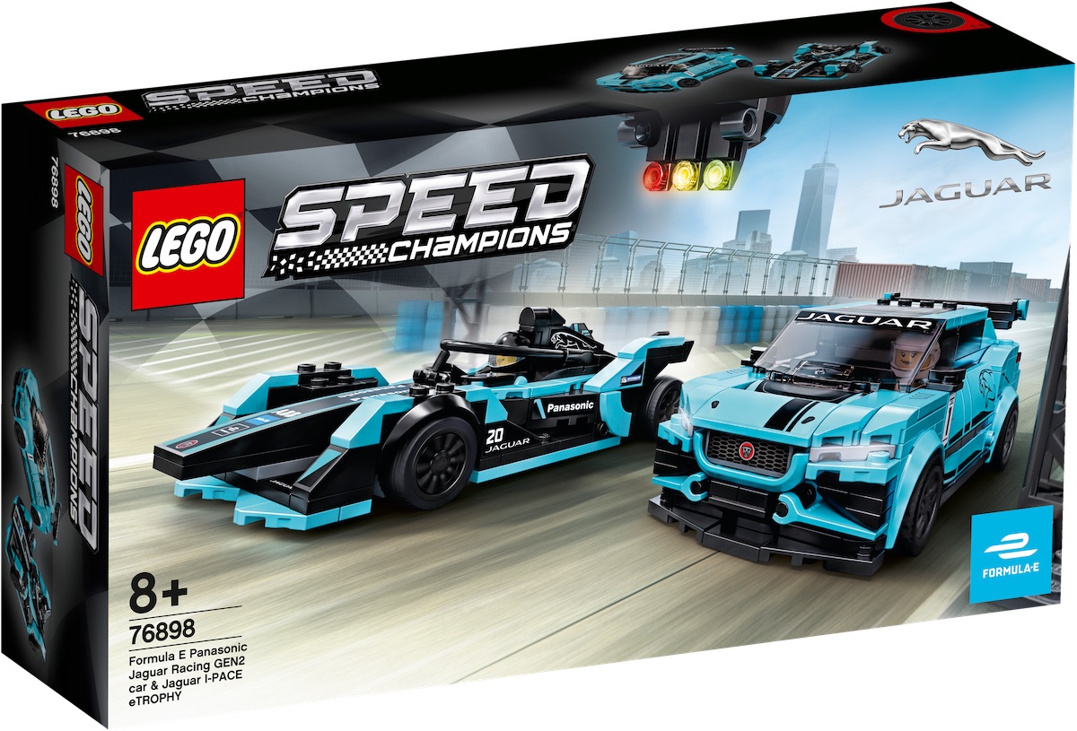 The LEGO Speed Champions Formula E Panasonic Jaguar Racing GEN2 car & Jaguar I-PACE eTrophy, set 76898. Announced today and released January 1, 2020 - the first of the '8 wide' wave of Speed Champions models.