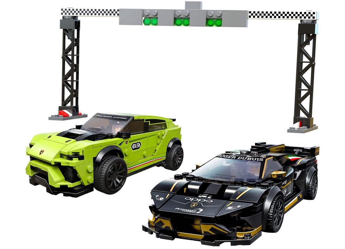 This artificial, composited photo of the Lamborghini set together includes the minimal Start-line gantry with a slide to go between red and green. LEGO are always keen to include play accessories, but this one is definitely forgettable.