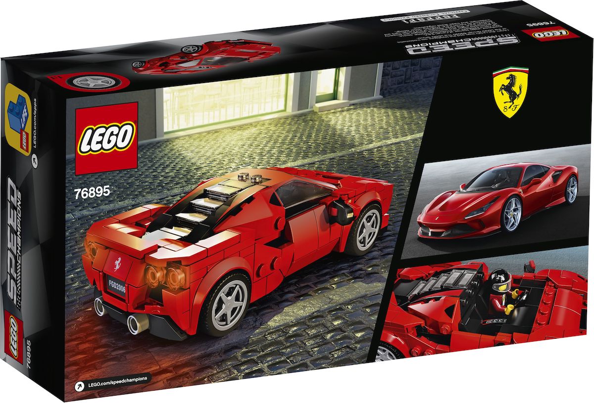 The rear of the box for set 76895 - the LEGO Speed Champions Ferrari F8 Tributo. The bottom right image shows the cabin of the vehicle, with the windscreen detached. Looks like LEGO went with a traditional italian street scene for this box art.