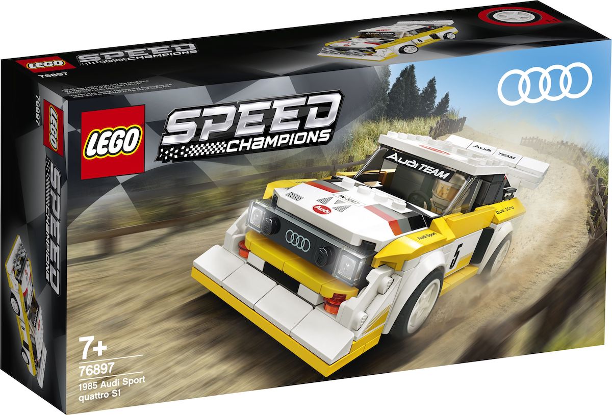 Box art for set 768987, the LEGO Speed Champions Audi Quattro S1 - showing the car in action on a forest stage.
