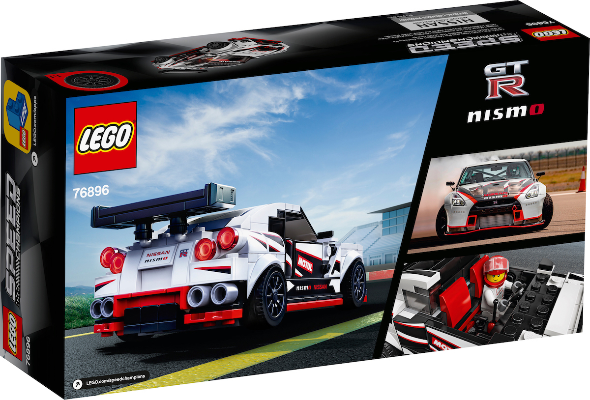 The rear of the retail box, showing the back of the model alongside an image of the real-world NISMO GT-R drifting (not something it's particularly known for!) and a shot of the new 8-wide cabin allowing two minifigs to be side by side in the cockpit.