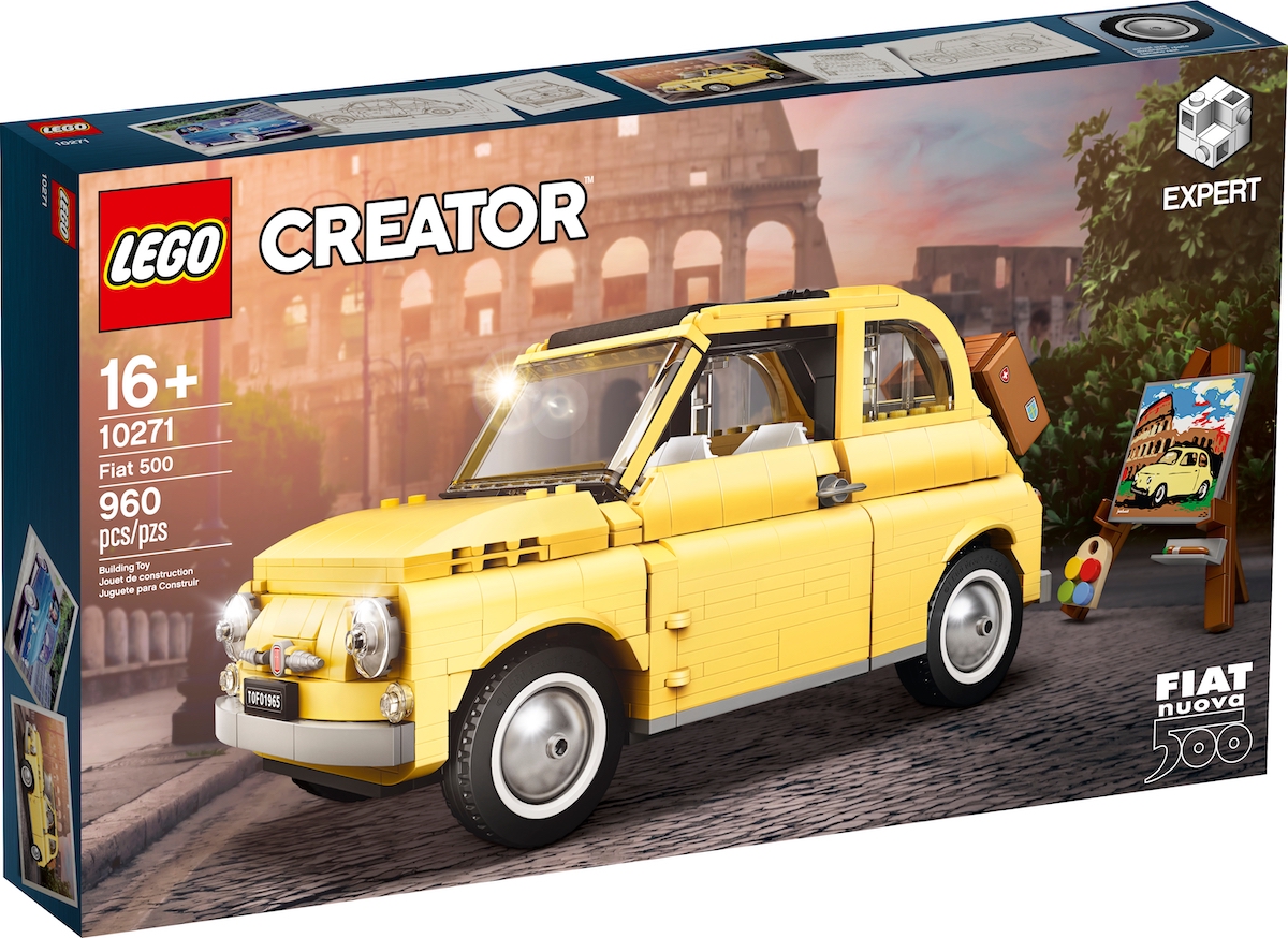 Front box art for the LEGO Creator Expert Fiat 500, set 10271, showing the car outside the Coliseum alongside the included artists pallette and easel.
