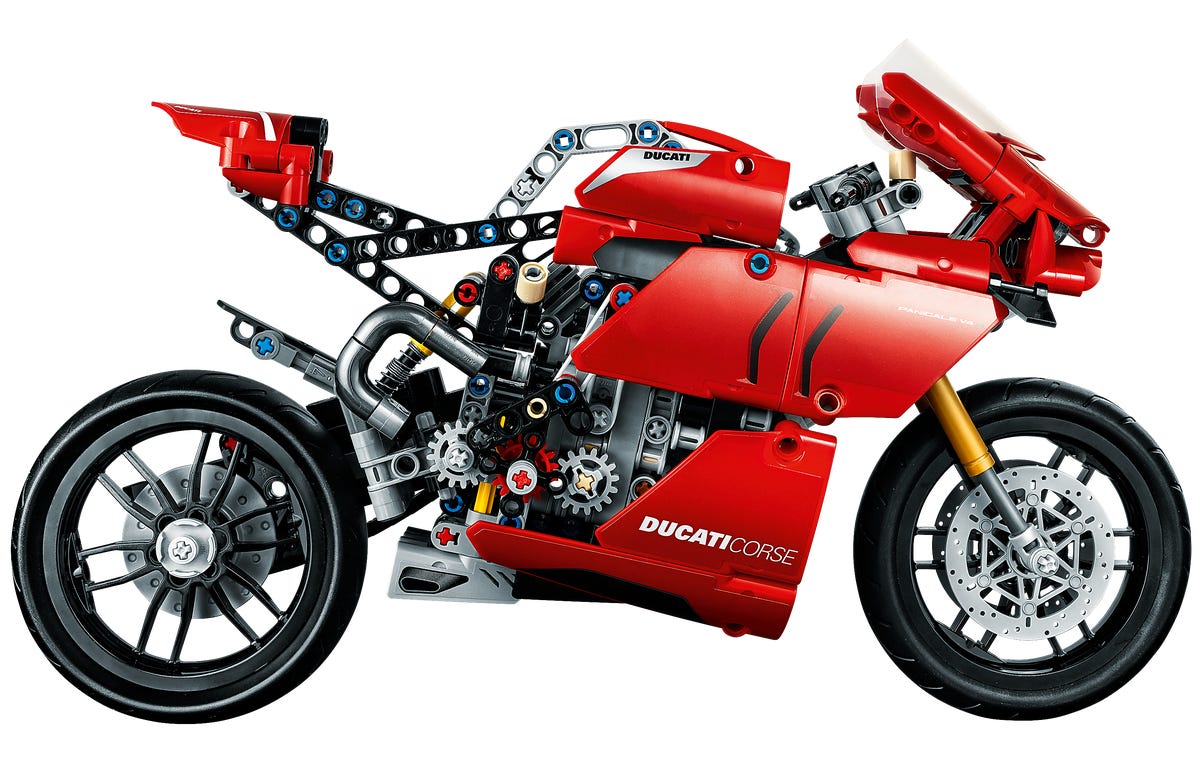 The side profile of the Panigale V4 R Technic set shows how lightweight and true to form they've kept this model while packing all the mechanical details in.