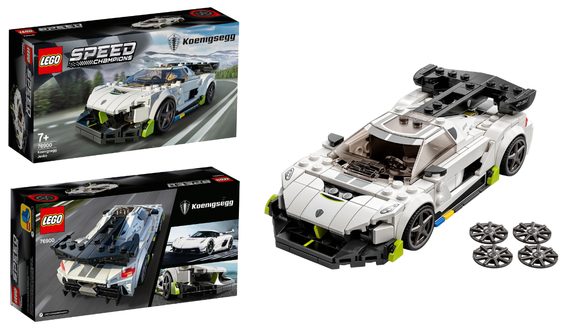 Koenigsegg Jesko, set 76900, in white with black and green accents. LEGO have gone for an alpine setting for the box art, and the rear spoiler is pretty intricate on this model.