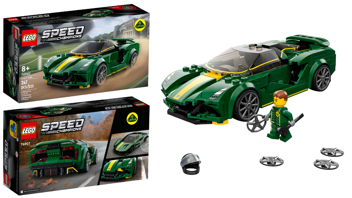 The all-electric hypercar Lotus Evija in 8 wide Speed Champions form. The historic dark green and yellow Lotus racing livery suits the car and its defining rear light intake vents have made it over to this set. It's great to see the Lotus brand in LEGO.