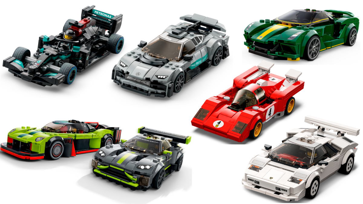 2022 LEGO Speed Champions Releases - 70s Ferrari 512 M, Lotus Evija, Lamborghini Countach, Mercedes-AMG W12 F1 and Project One and Aston Martin Valkyrie and Vantage GT3.