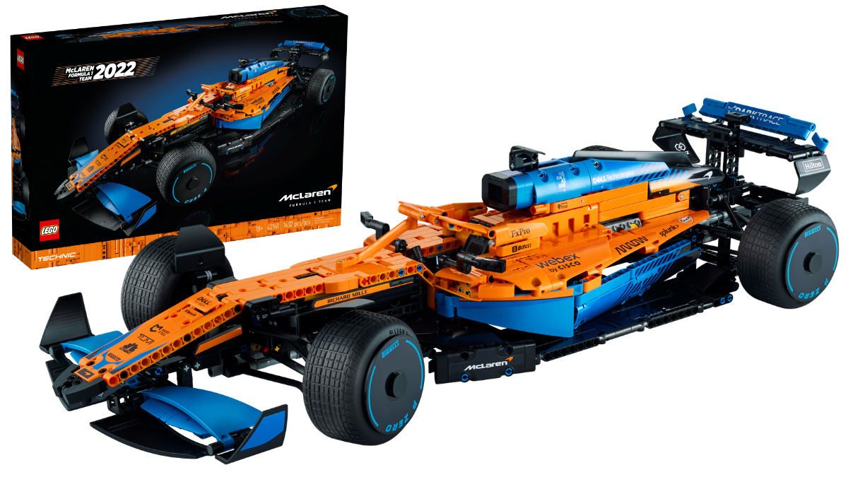 The LEGO Technic McLaren Formula One Race Car Set 42421 showing off all it's new aero elements and exposed V6 engine