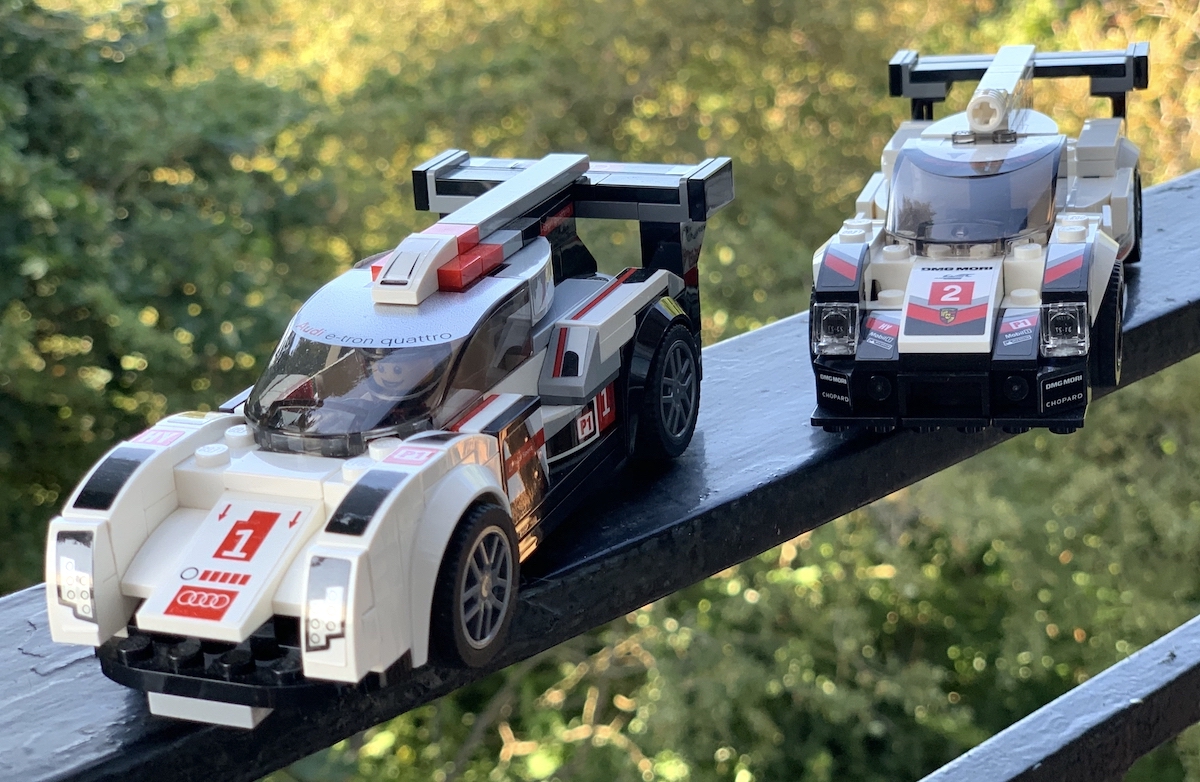 The Audi R18 Speed Champions model alongside the later Porsche 919 Hybrid model. The 919 has a much better, lower profile accurate to how these prototype cars look in real life. The sponsorships on the Porsche car also make it look much more interesting.