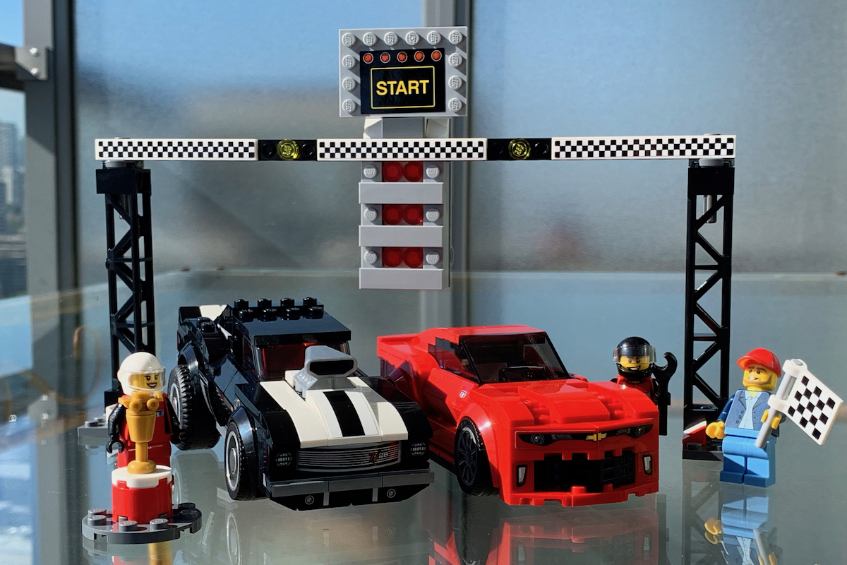 LEGO Speed Champions set 75874, the Chevrolet Camaro Drag Race featuring the '69 Chevrolet Camaro Z/28 and 2016 Chevrolet Camaro.