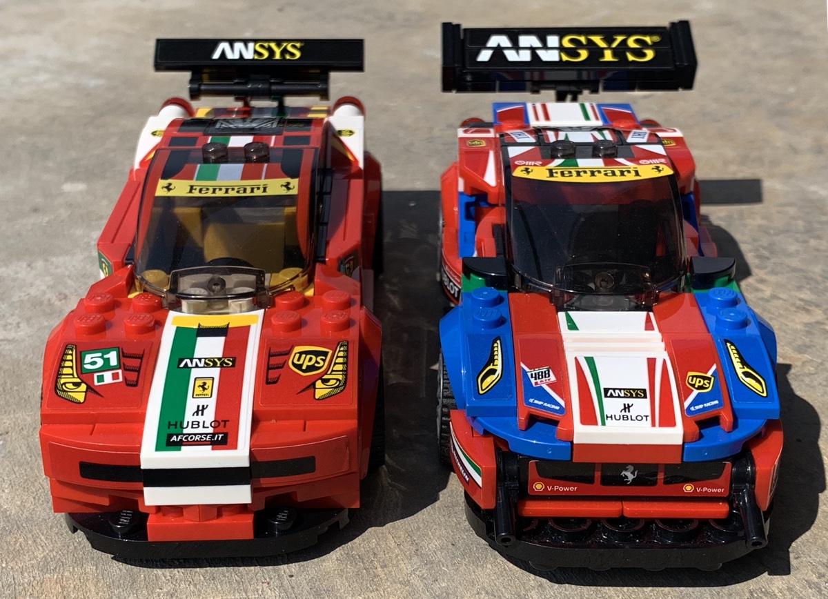 The 2015 LEGO Ferrari 458 Italia GT2 and 2018 Ferrari 488 GTE, both run by AF Corse in Le Mans. The difference a couple of years has made to the Speed Champions line is obvious - with more intricate detailing on the 488 and a more adventurous colour theme in the livery. The front aero design on these models alone is a night and day comparison.