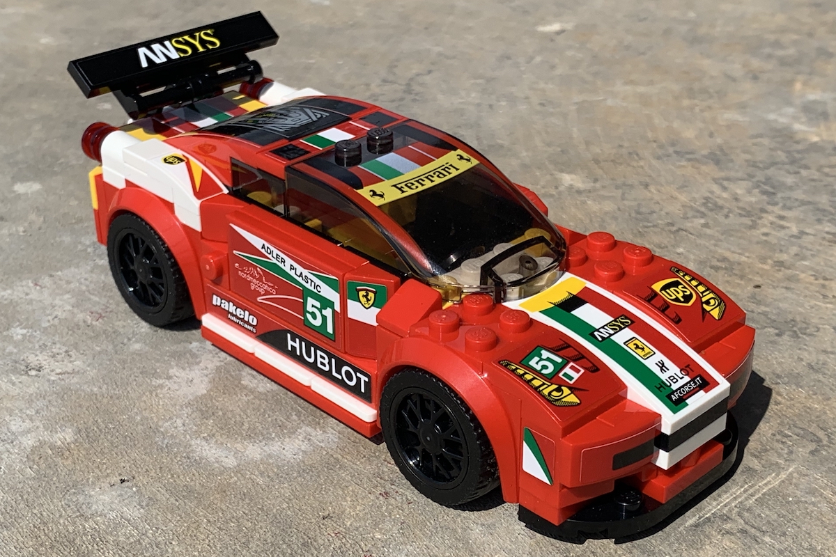 The LEGO Speed Champions Ferrari 458 Italia GT2, set 75908. Released as part of the initial wave of Speed Champions sets by LEGO in 2015, this model captures AF Corse's Le Mans winning GTE Pro car from 2014.