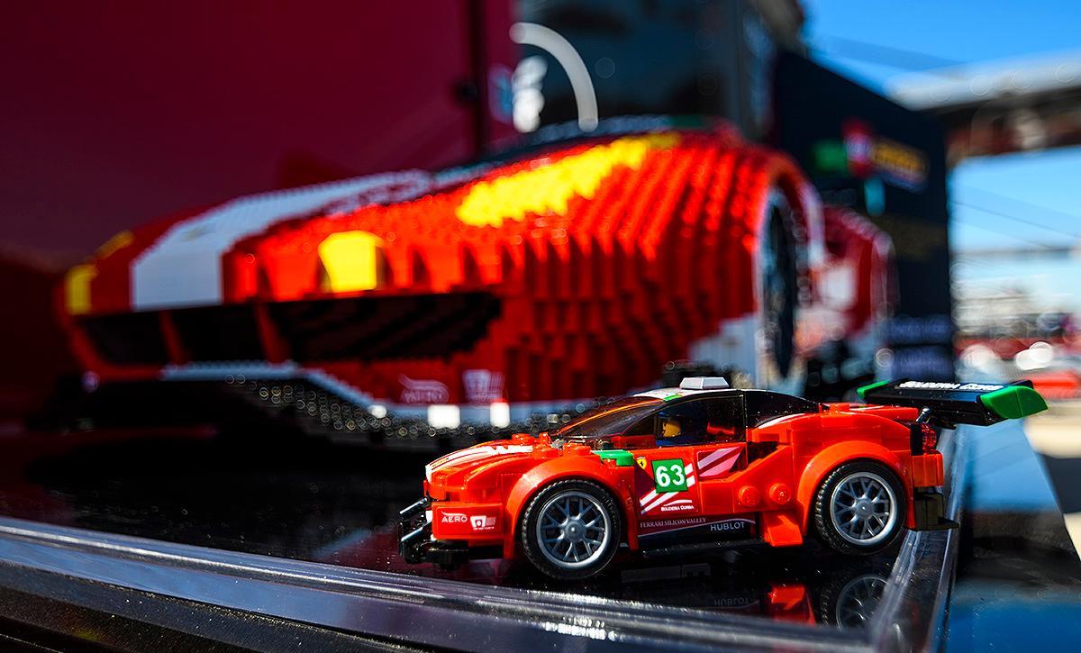 The LEGO Speed Champions 488 GT3 in front of it's 1:8 scale bigger brother at Sebring in 2018. Image © LEGO Group.