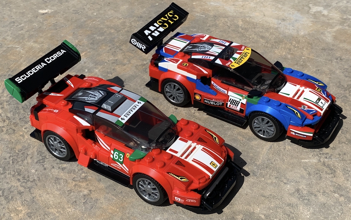 The Speed Champions Ferrari 488 GT3 and GTE (from the Ultimate Garage), together. A close look at the sides of the car, and the wing endplates shows these aren't exactly the same model. LEGO had to change quite a few body pieces to work the Red/White/Blue colour scheme of the GTE car into the model and I think the GT3 ends up looking better.