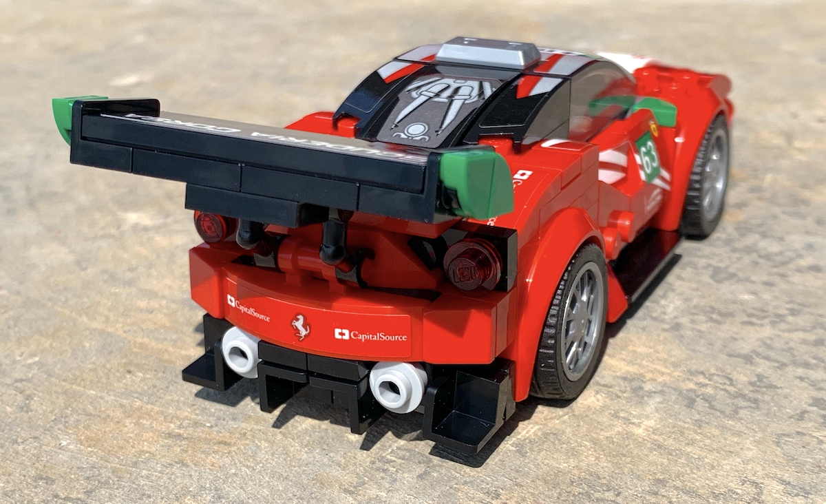 The rear diffuser of the Speed Champions 488 GT3 is detailed, with lots of corners making up aero devices and two tailpipes sticking between. As this model doesn't have multiple colours through the bodywork, it can use a full width sticker to give us a Ferrari prancing horse badge at the back. Sponsorship is mild, but enough to make the point this is a GT racer.
