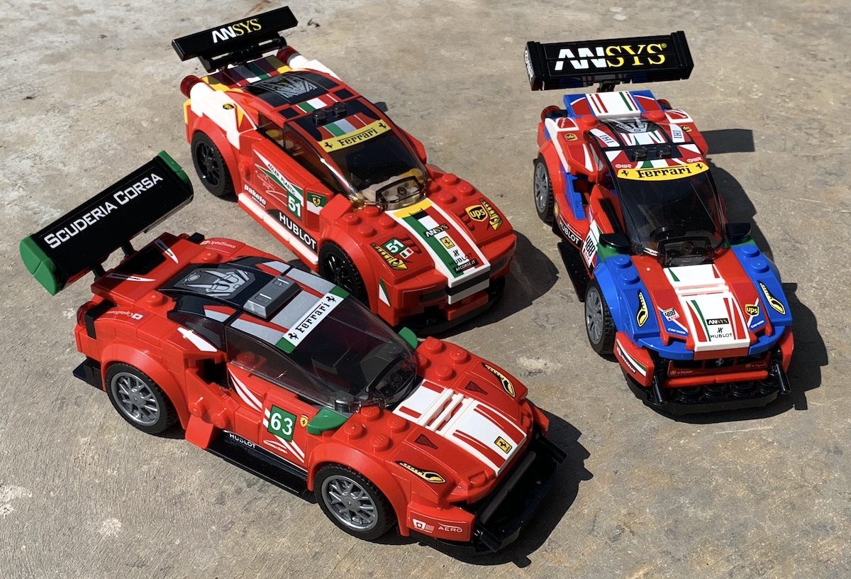 The Ferrari GT family line, in LEGO Speed Champions form. Our 488 GT3 (set 75886) alongside the Ferrari 458 GT2 (set 75908) and the Le Mans winning 488 GTE from the Ferrari Ultimate Garage (set 75889). All great models but, if we could only have one it'd be the 488 GT3.