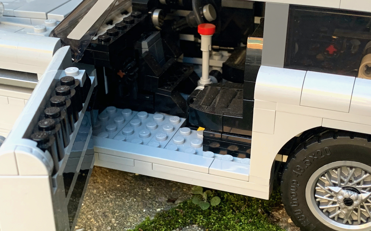 The passenger ejector seat of the James Bond Aston Martin DB5. This is a big model, and LEGO were able to brick build many of the interior details of the model. The tire slashers mounted on the wire wheel hubcaps on the model are also obvious in this shot.